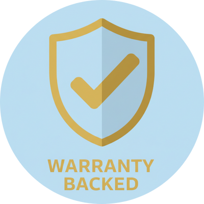 Icon with text "Warranty Backed," highlighting Grannus’ commitment to quality and reliable, fully supported pool heating and cleaning products.