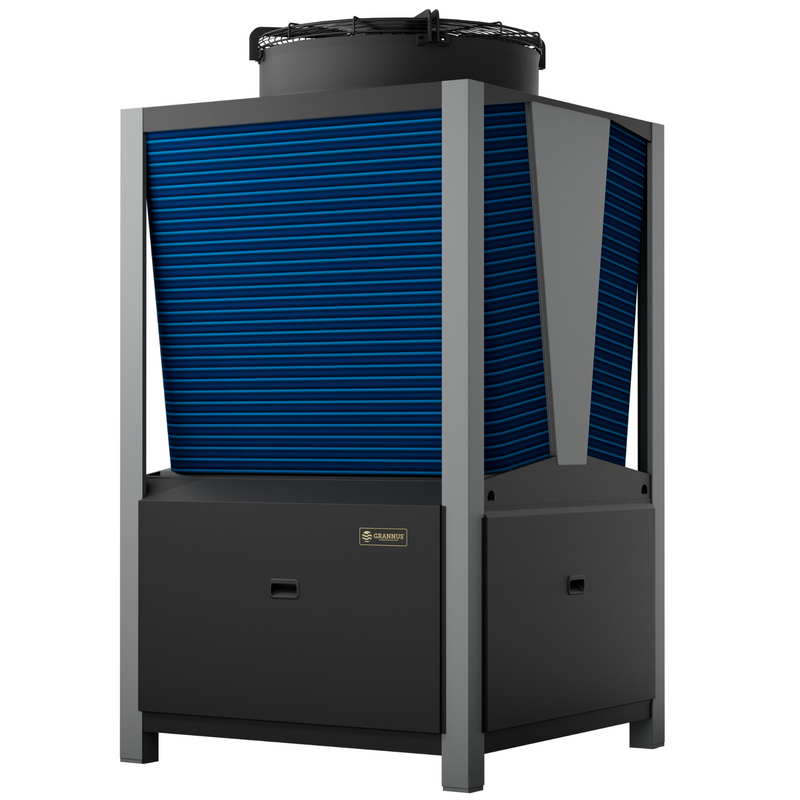 Left-side view of Aquilo Series iQX 120kW commercial pool heat pump, showcasing its robust design and efficient performance.