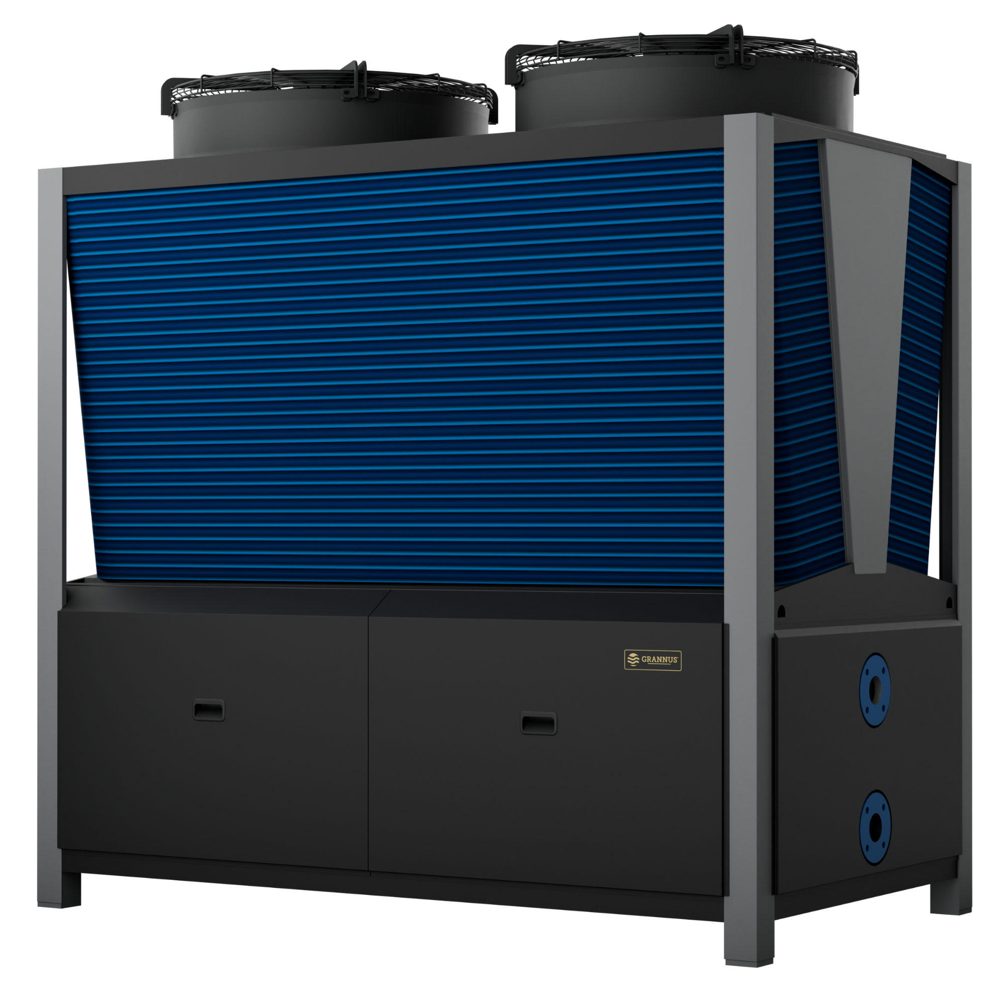 Left-side view of Aquilo Series iQX 250kW commercial pool heat pump, showcasing its durable design and high-performance features.