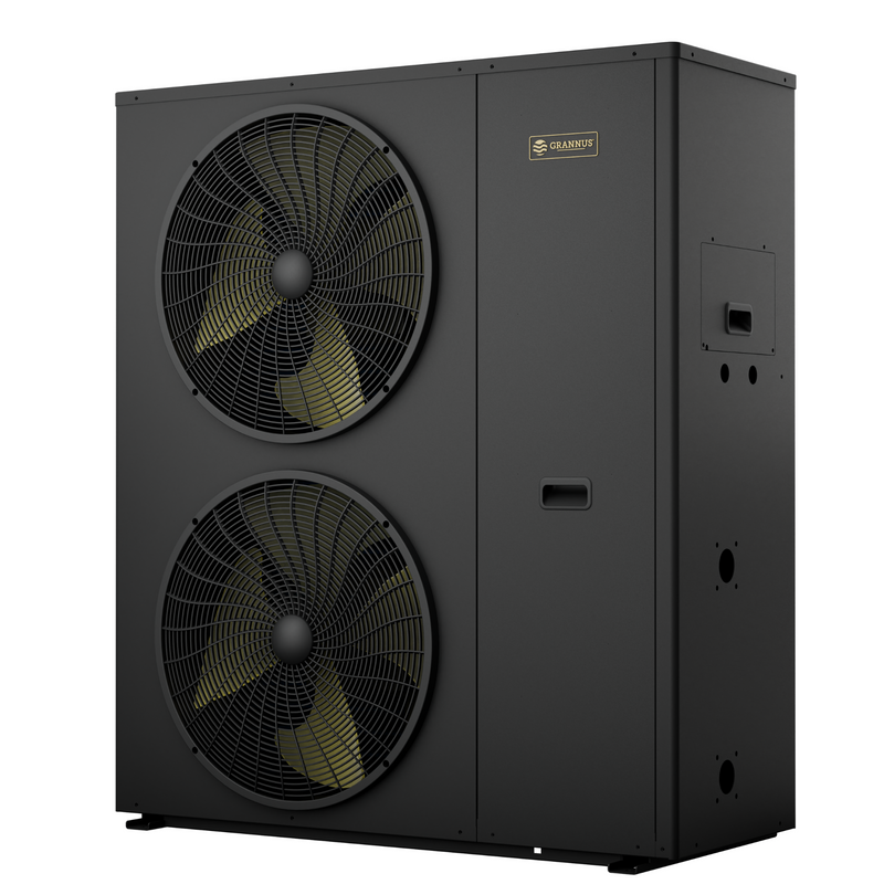 Left-side view of Aquilo Series iQX 60kW commercial pool heat pump, highlighting compact design and high-efficiency performance for smaller commercial pools.