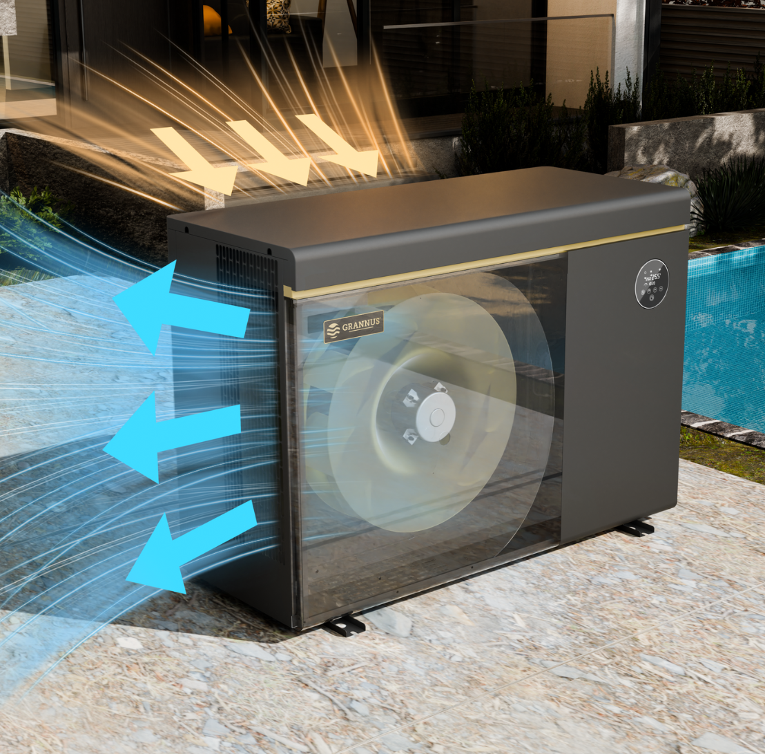 Solara Series iSX pool heat pump featuring a three-directional ventilation system for efficient airflow and optimal performance.