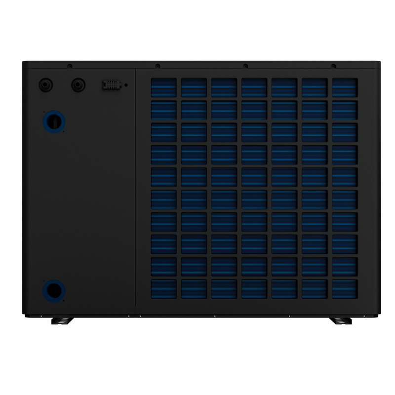 Rear view of Solara Series iSX pool heat pump, showcasing its compact design and efficient residential pool heating performance.