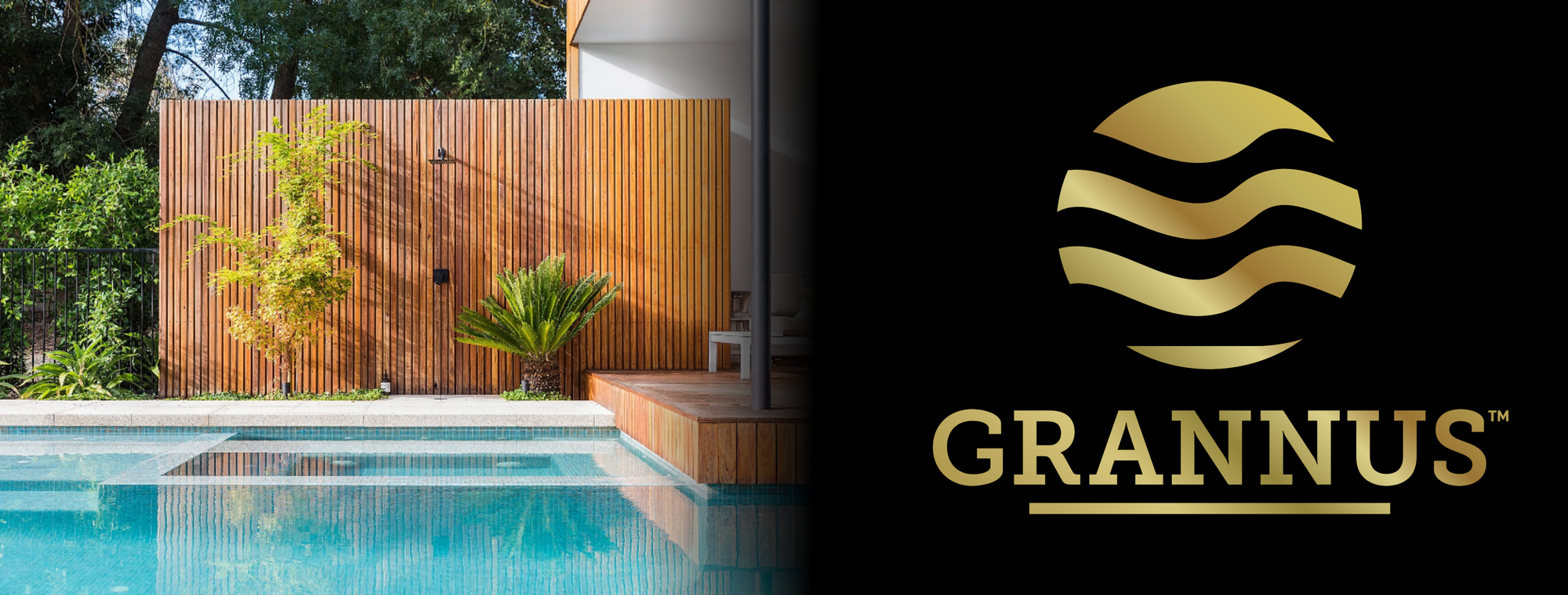 Grannus logo displayed over a pool area with a wooden fence and surrounding plants, set against a sleek black background.