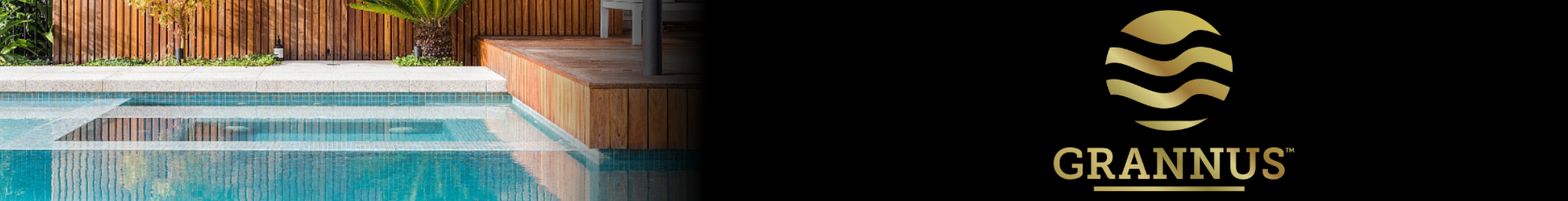 Grannus logo overlaid on a pool and garden background, representing the brand and its pool heating and cleaning solutions.