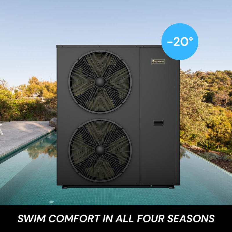 Aquilo Series iQX 60kW commercial pool heat pump providing swim comfort in all seasons, operating efficiently in temperatures as low as minus 20 degrees Celsius.