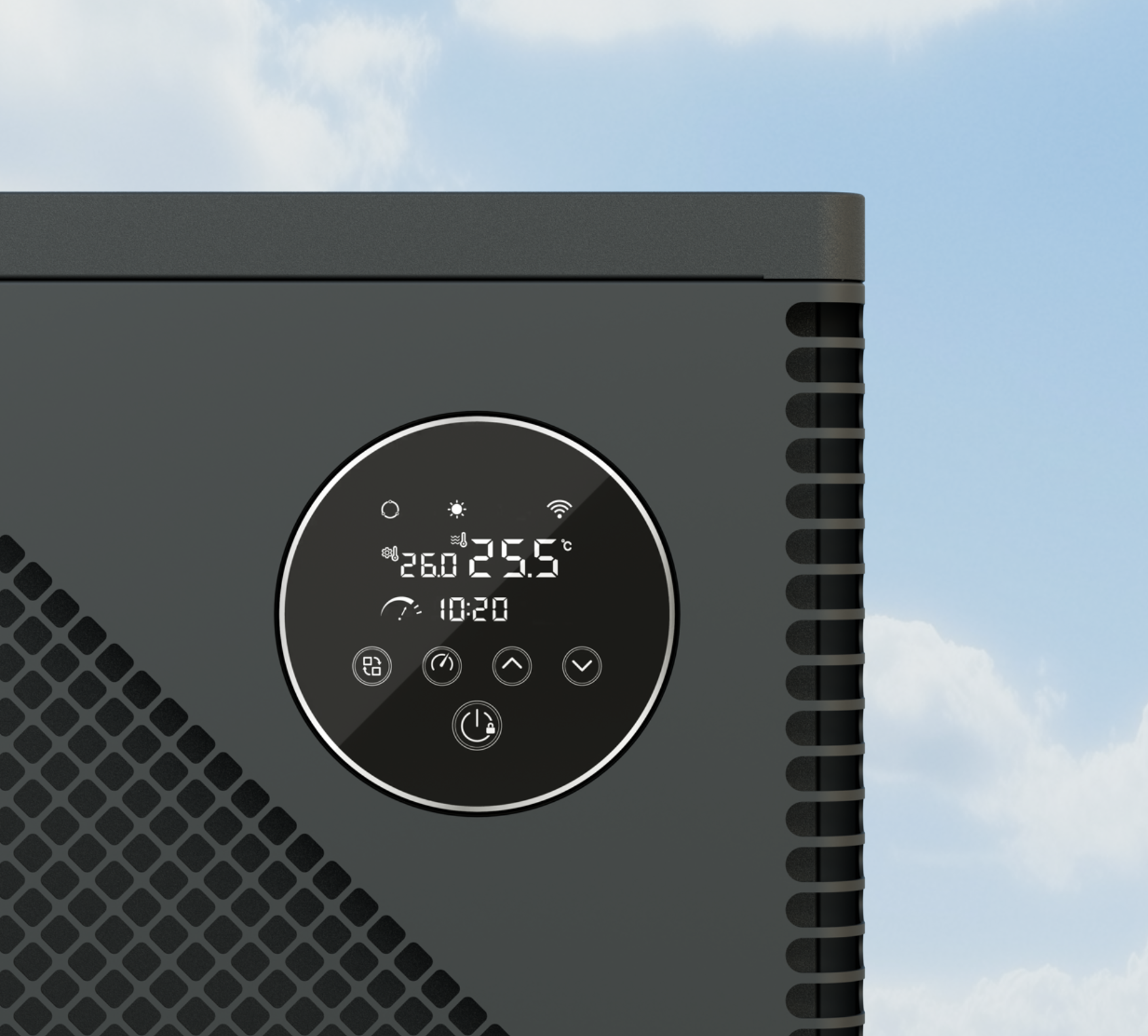 Close-up of Apollo Series iGX pool heat pump showing its easy-to-use controller for convenient temperature and settings control.