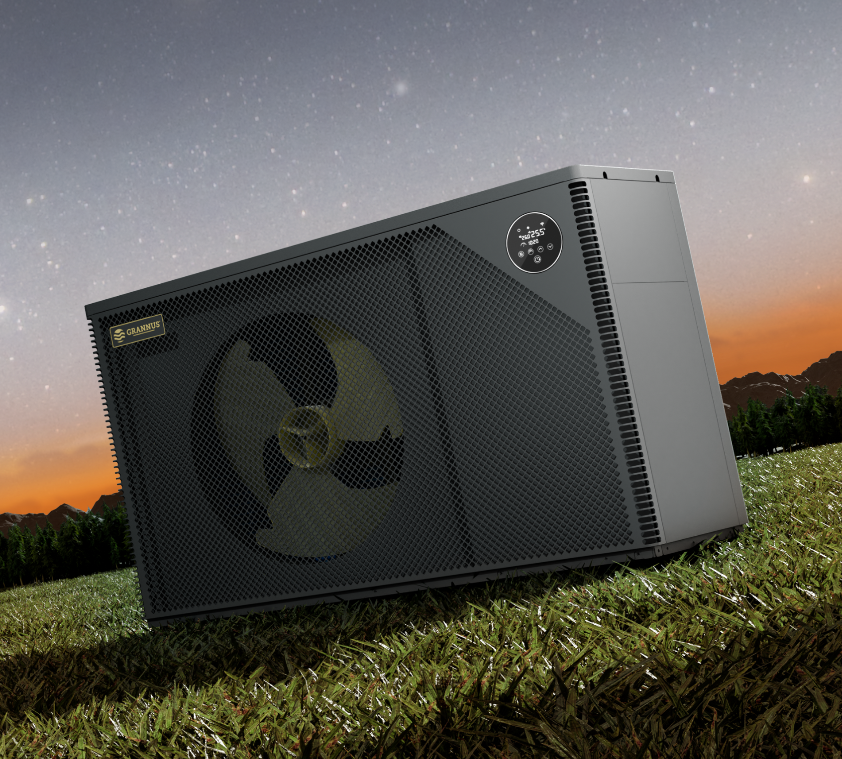 Close-up of Apollo Series iGX pool heat pump displayed on a grassy backdrop, highlighting its sleek design and compact size.