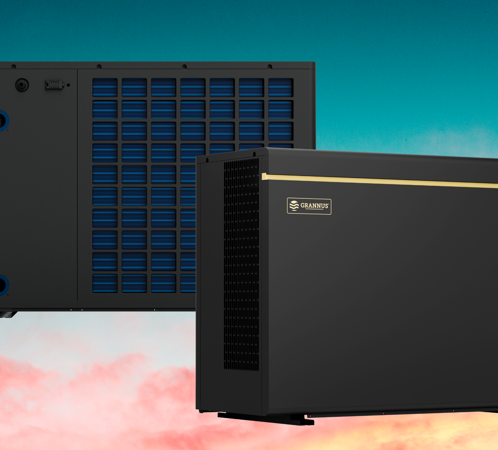 Front and back view of Solara Series iSX pool heat pump, highlighting its compact design and efficient airflow system.