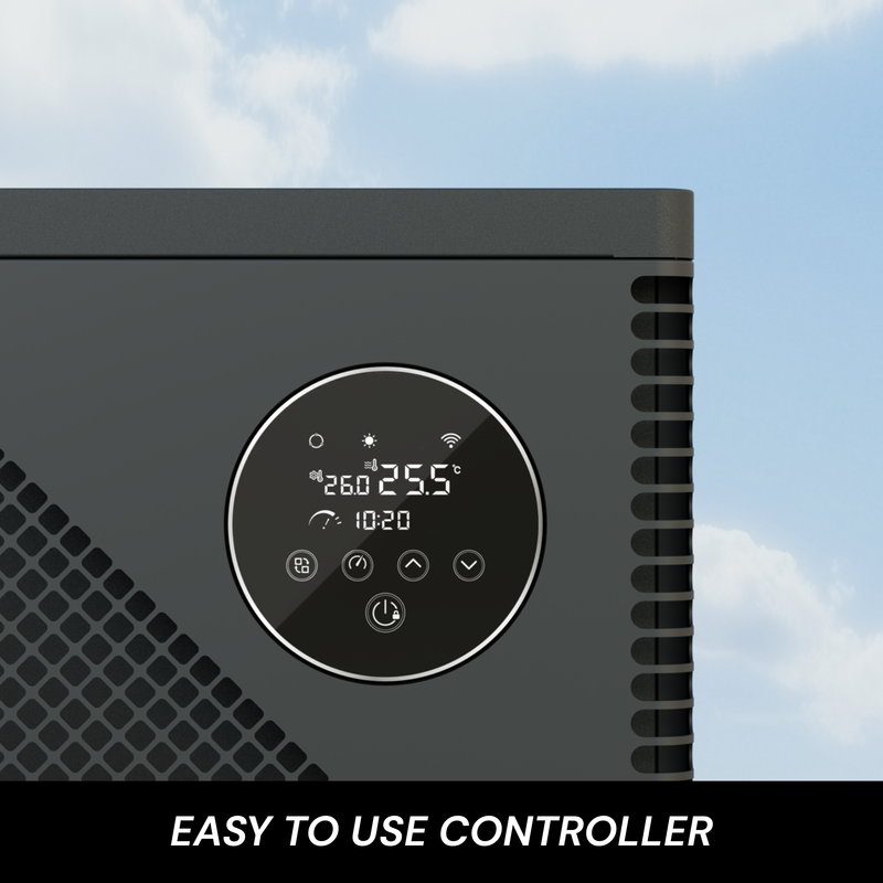 Apollo Series iGX commercial pool heat pump showing close-up of easy-to-use controller for precise temperature and settings management.
