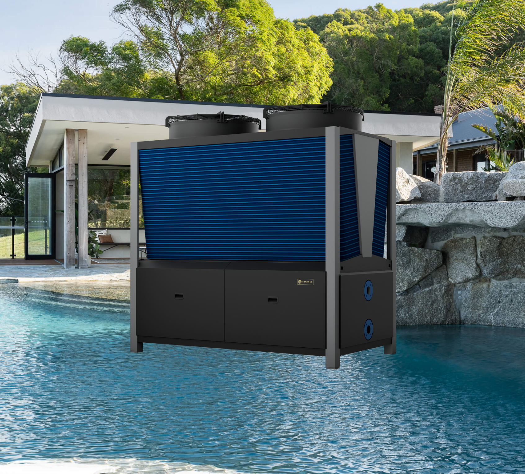 Grannus Aquilo Series iQX 250kW commercial pool heat pump displayed in front of a large pool, representing powerful heating performance.