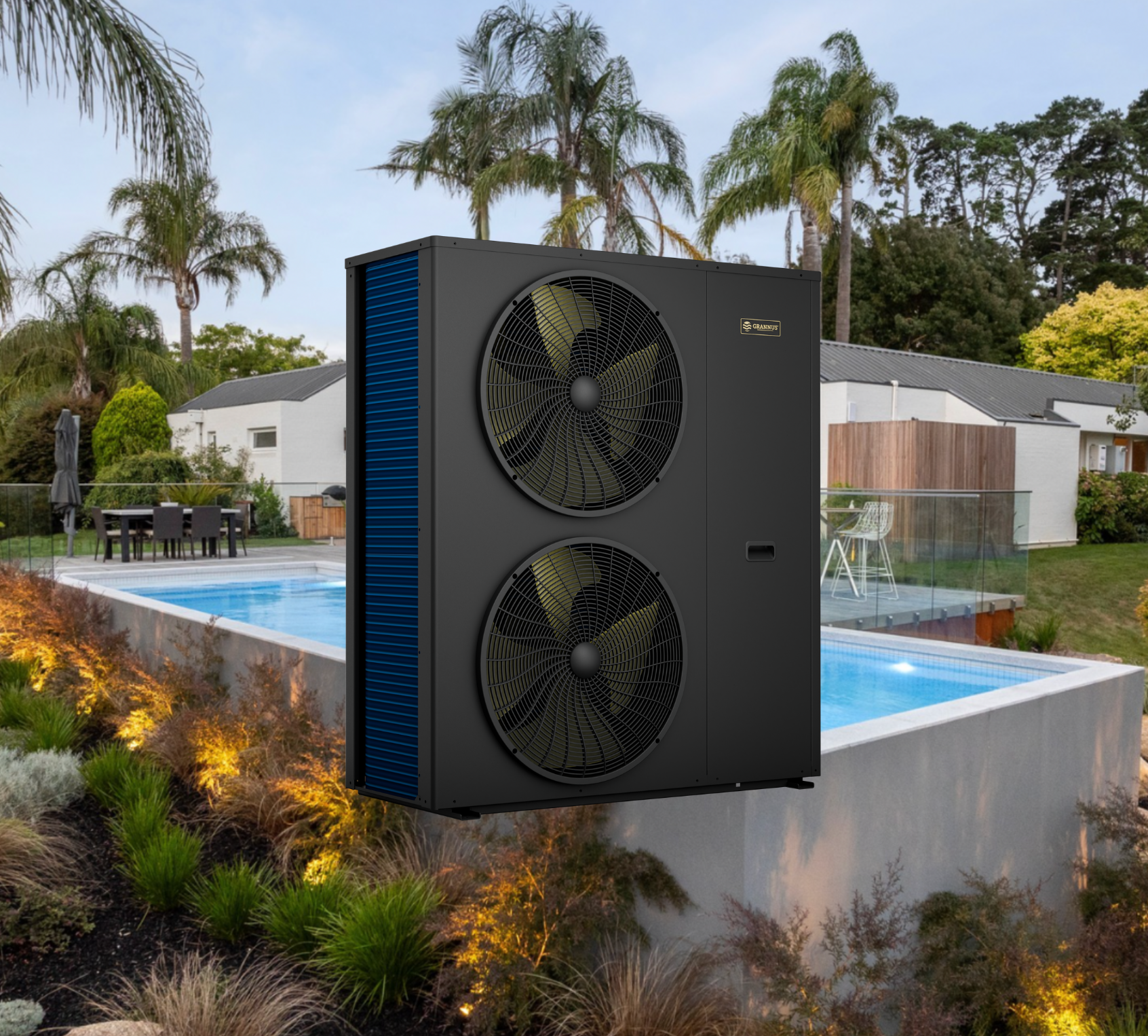 Aquilo Series iQX 60kW commercial pool heat pump positioned in front of a pool, highlighting efficient heating and modern design.