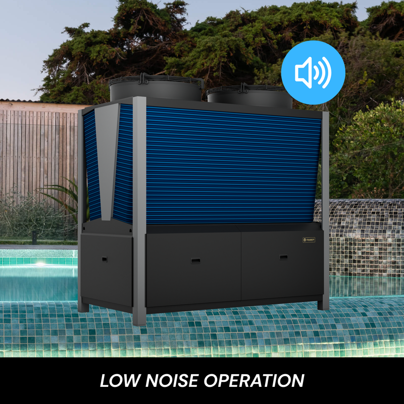 Aquilo Series iQX 250kW commercial pool heat pump with low noise operation for quiet performance in large pools and aquatic facilities.