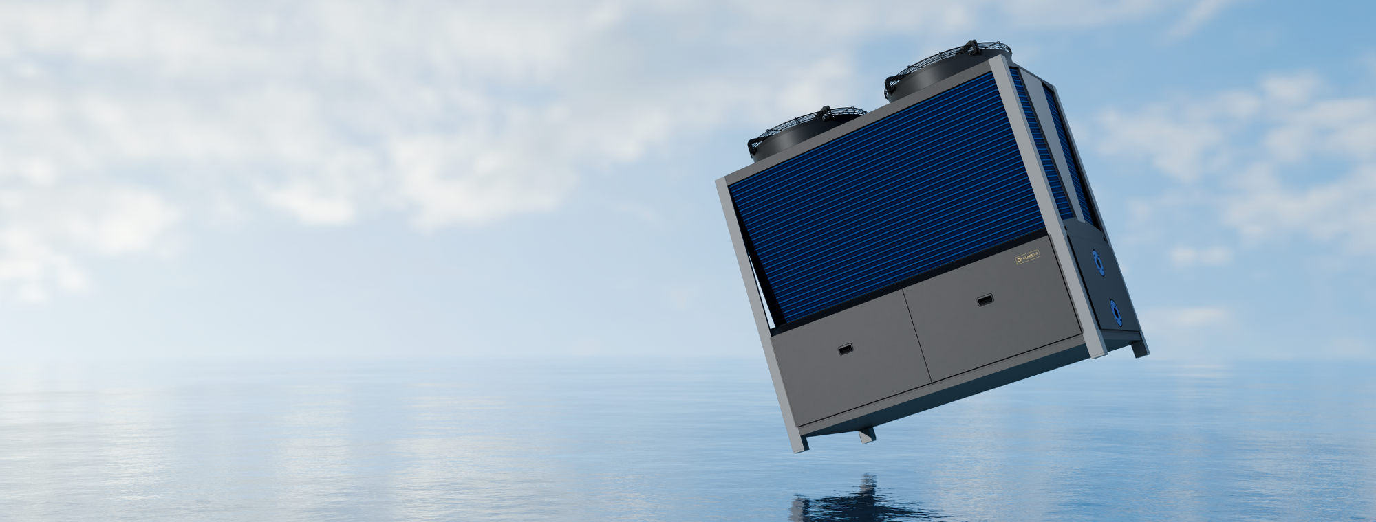 Aquilo Series iQX 250kW commercial pool heat pump displayed in front of an ocean backdrop, highlighting powerful heating for large pools and resorts.