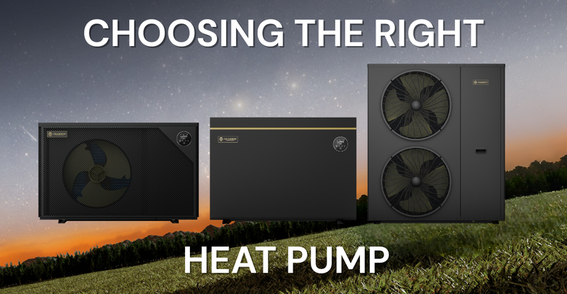 Apollo, Solara, and Aquilo pool heat pumps displayed together with text "Choosing the Right Pump," illustrating Grannus’ range of heating solutions.