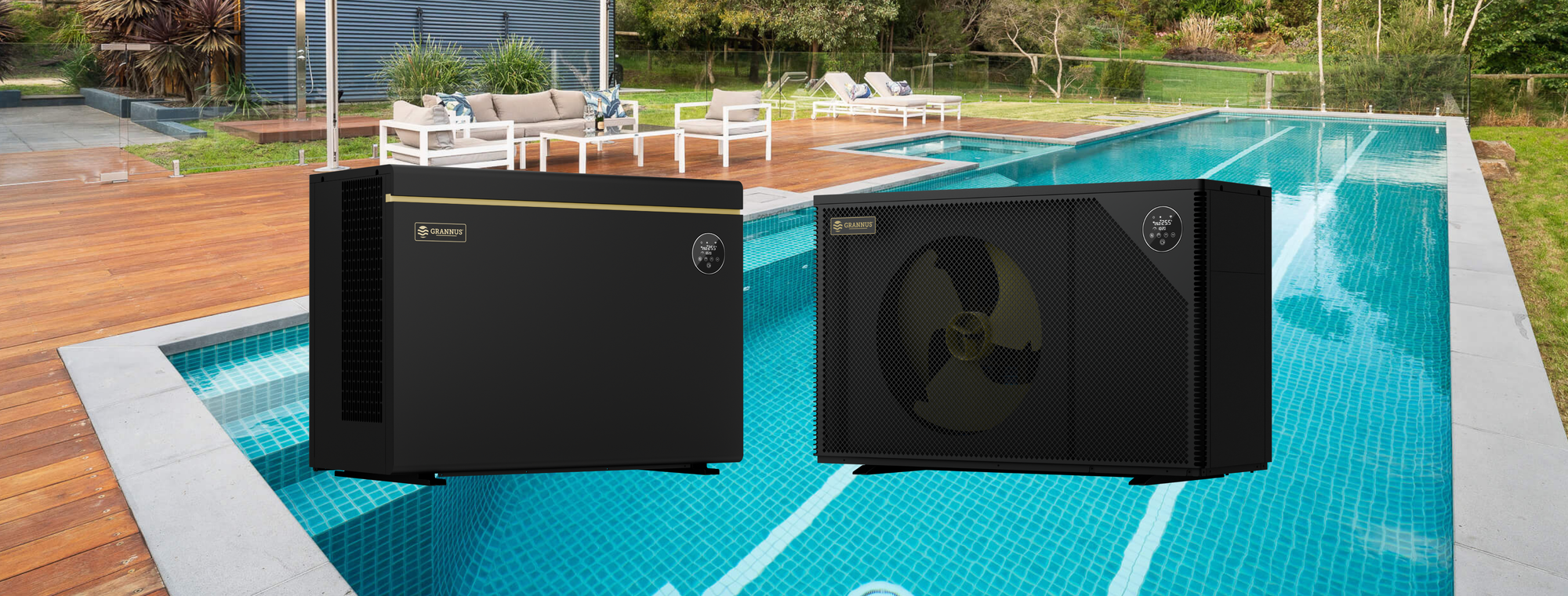 Grannus Apollo and Solara pool heat pumps displayed in front of a modern pool, showcasing premium residential heating solutions.