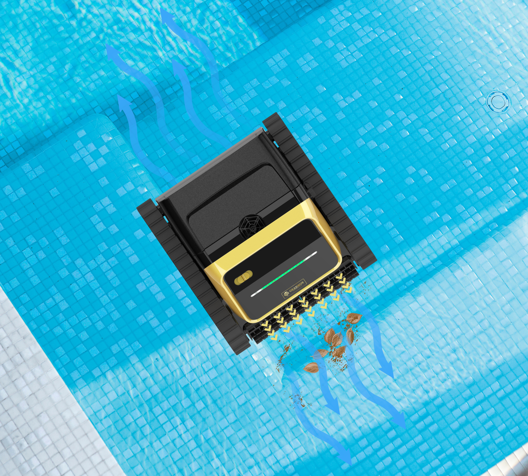 GX4000 Cordless Robotic Cleaner in a pool picking up debris, showcasing powerful suction and efficient cleaning performance.