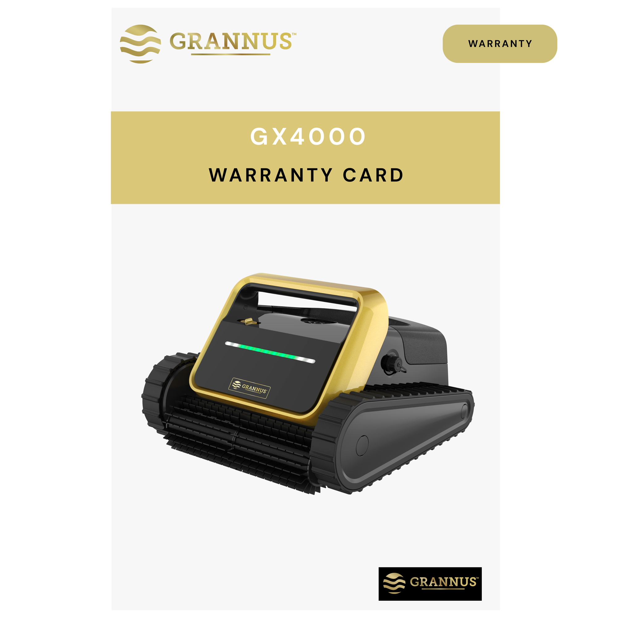 Grannus GX4000 warranty card with robot vacuum cleaner on a white background
