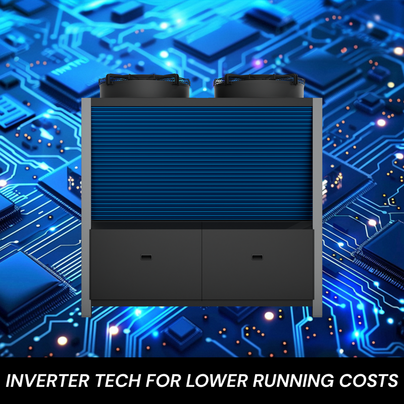 Aquilo Series iQX 250kW commercial pool heat pump featuring inverter technology for lower running costs.