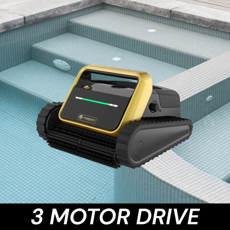 GX4000 Cordless Robotic Cleaner with text "3 Motor Drive," highlighting powerful triple-motor suction for thorough pool cleaning.