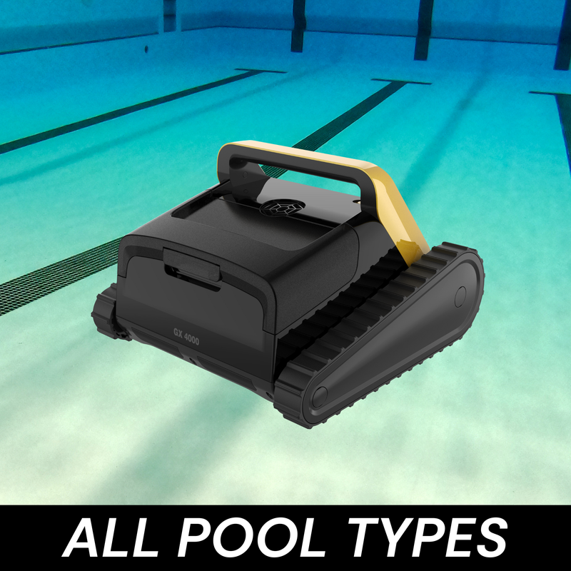 GX4000 Cordless Robotic Cleaner in a pool with text "For All Pool Types," highlighting versatility for different pool shapes and surfaces.