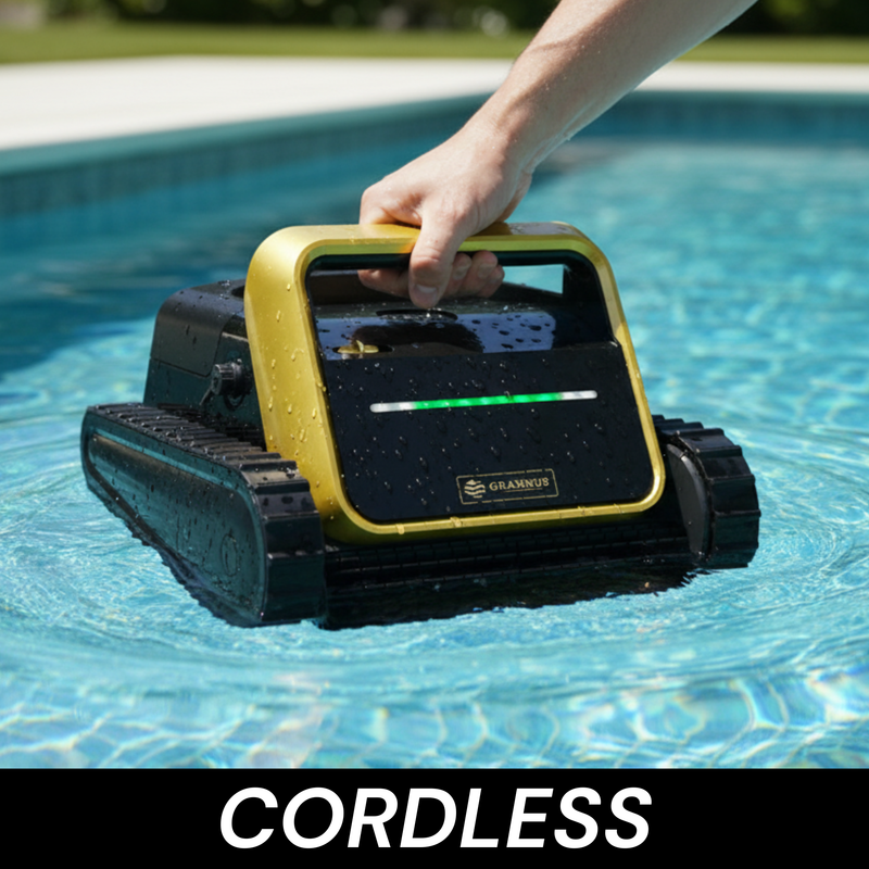 Person removing GX4000 Cordless Robotic Cleaner from pool, highlighting its cordless design for easy handling.