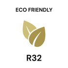 Gold leaf icon with text “Eco Friendly” and “R32” on a light gray background, highlighting Grannus environmentally friendly refrigerant technology.