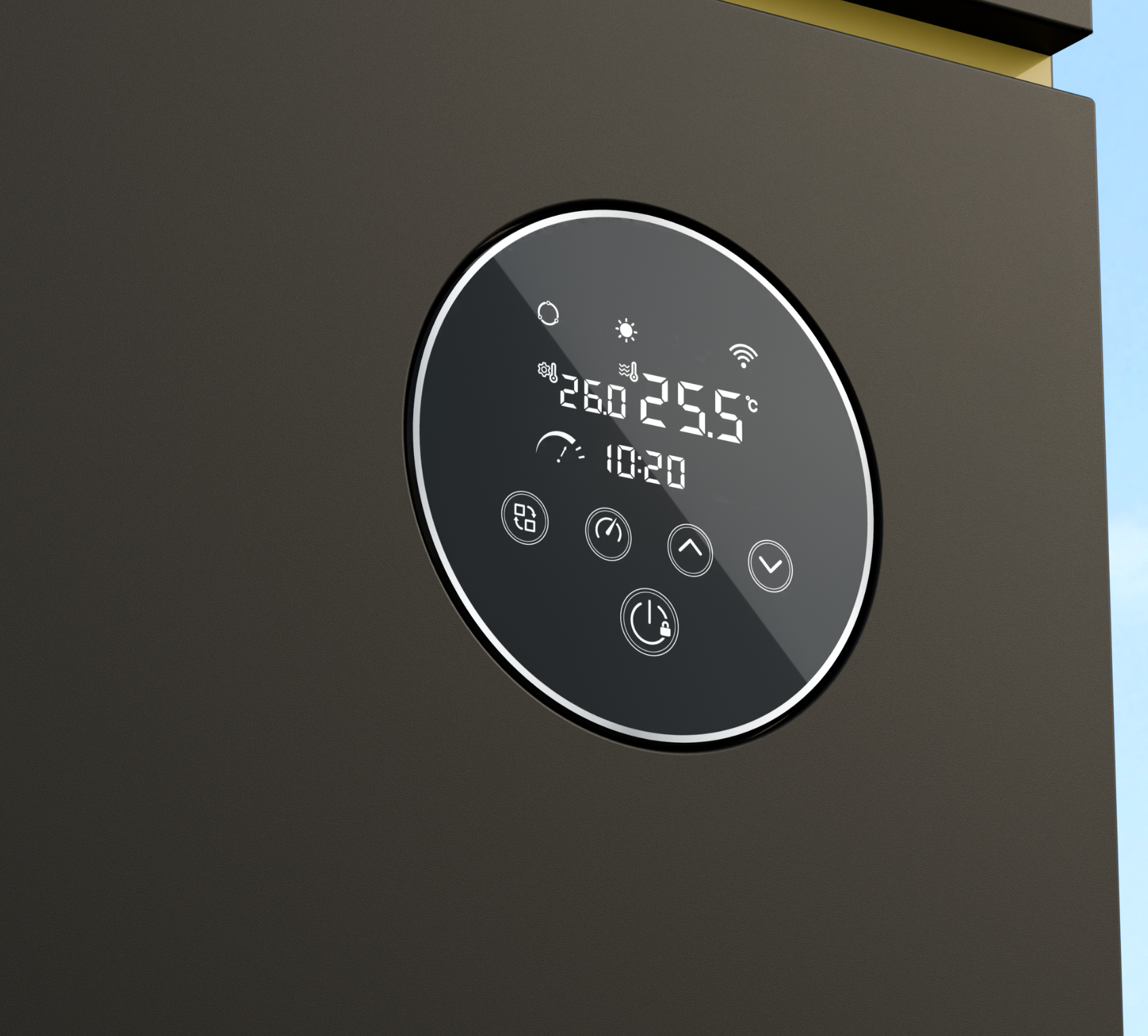 Close-up of Solara Series iSX pool heat pump showing its easy-to-use controller for simple temperature and settings management.