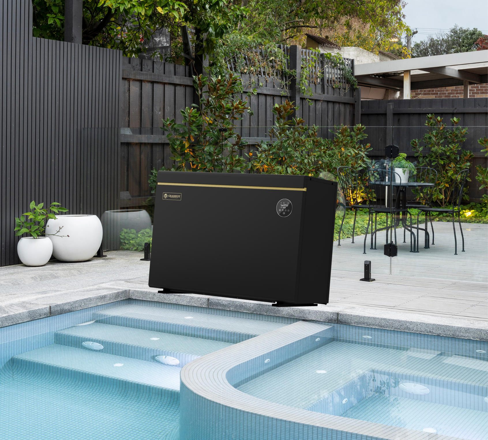 Solara Series iSX pool heat pump displayed in front of a residential pool, showcasing efficient and reliable heating performance.