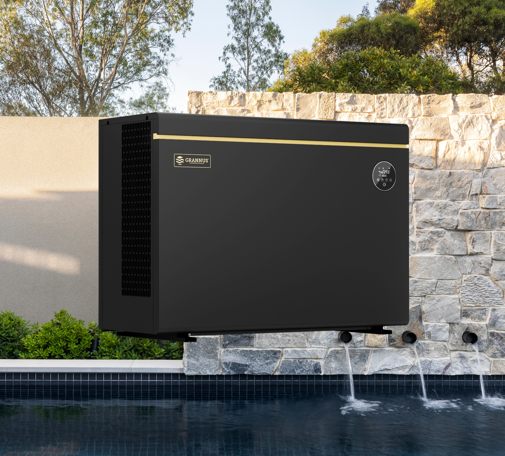 Solara Series iSX pool heat pump displayed in front of a residential pool, showcasing efficient and reliable heating performance.