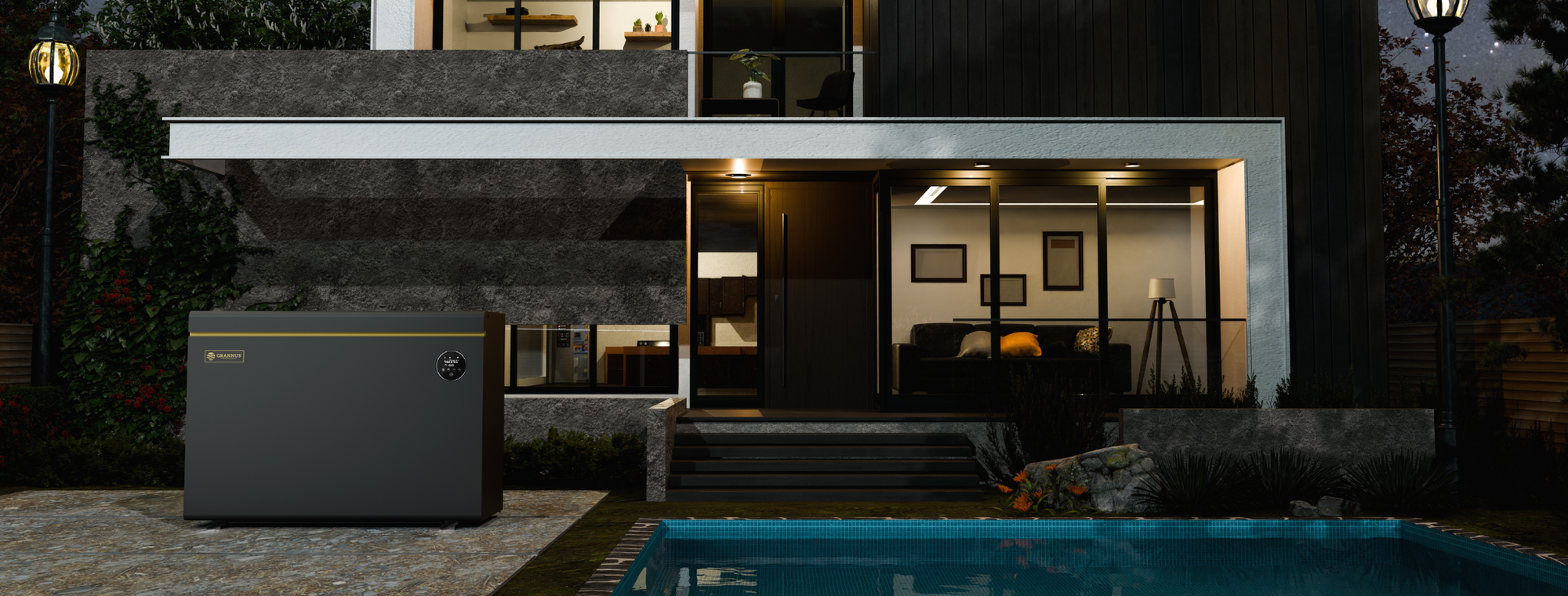 Solara Series iSX pool heat pump in a night setting, highlighting quiet operation for low-noise pool heating.