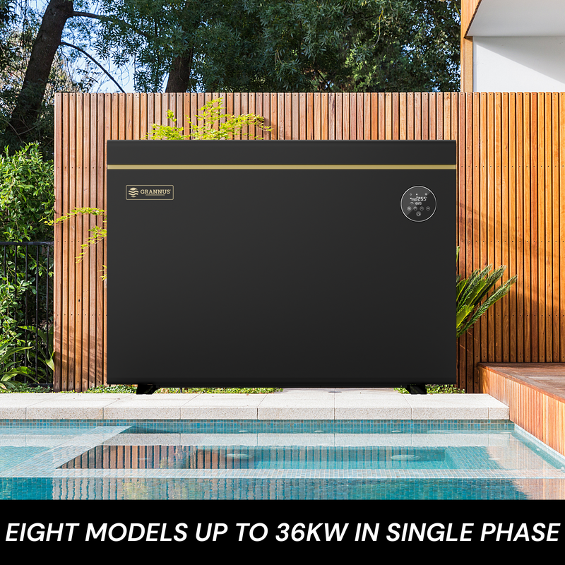 Solara Series iSX pool heat pumps available in eight models up to 36kW single-phase for versatile residential pool heating.