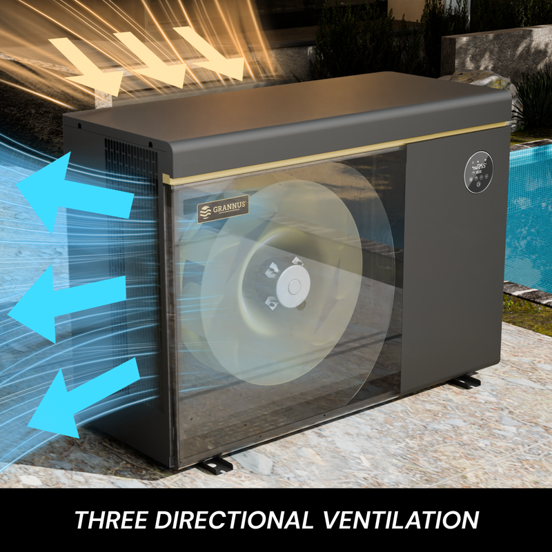 Solara Series iSX pool heat pump featuring a three-directional ventilation system for efficient airflow and optimal performance.