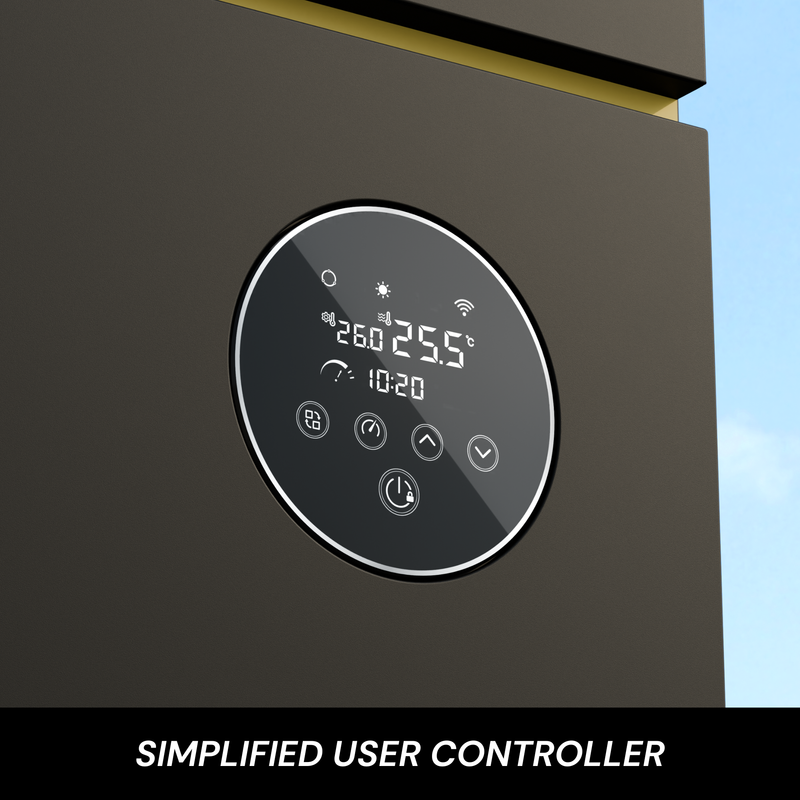 Solara Series iSX pool heat pump showing simplified user controller for easy temperature and settings management.