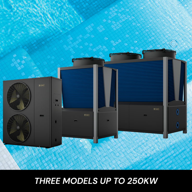 Aquilo Series iQX commercial pool heat pumps available in three models from 60kW to 250kW for large pools and aquatic facilities.